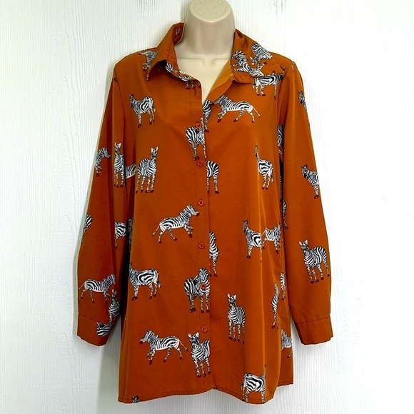 Sunday Up Tops - Sunday Up - Burnt Orange Zebra Patterned Button Up Lightweight Blouse Small